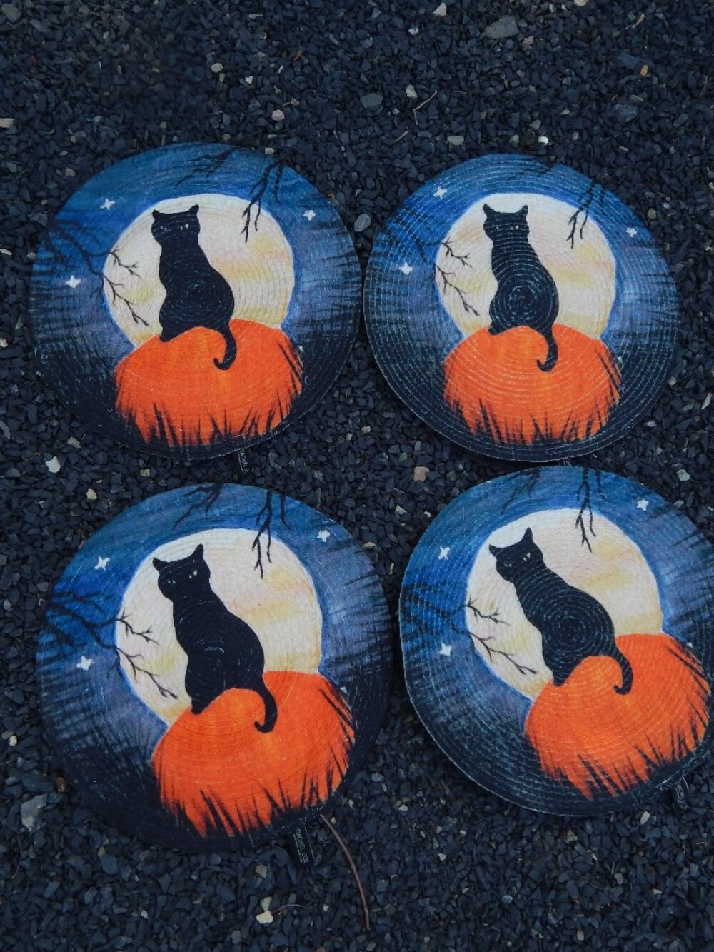 4 Piece Black Cat Moon Stars Halloween Pumpkin Placemats 15" Rachel Zoe